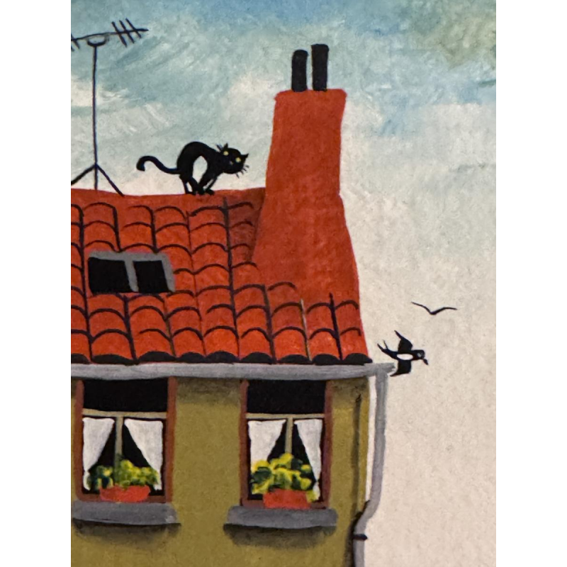 Marie-Louise BATARDY “Rue du boulot” Naïef schilderij, olieverf op doek