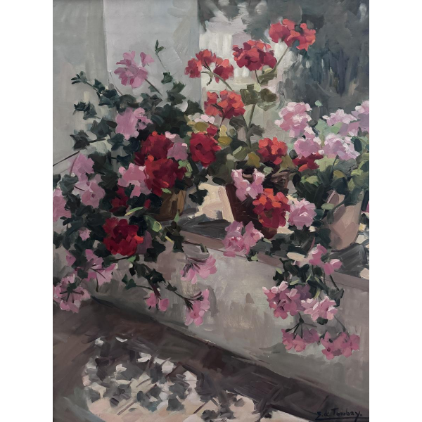 Ellen de Tombay “Geranium Planter”, stilleven, olieverf op doek