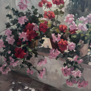 Ellen de Tombay “Geranium Planter”, stilleven, olieverf op doek