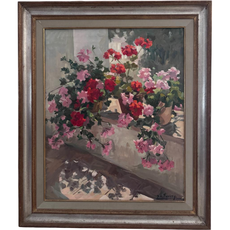 Ellen de Tombay “Geranium Planter” still life painting, oil on canvas