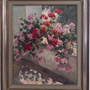 Ellen de TOMBAY «Jardinière de géranium» tableau nature morte, huile sur toile