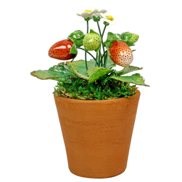 Didier Gardillou "Strawberry Plant" hyperrealistic still life sculpture in porcelain, trompe l'oeil fruit, 21st century
