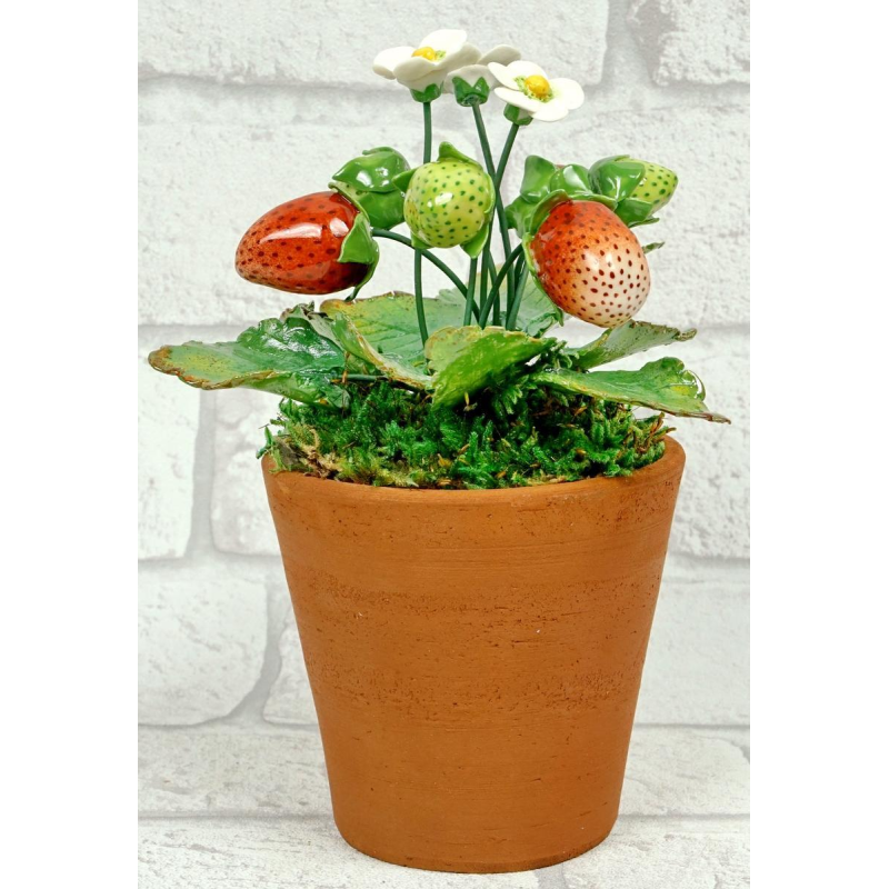 Didier Gardillou "Aardbeiplant", hyperrealistisch stilleven in porselein, trompe-l'oeil fruit, 21e eeuw