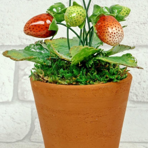 Didier Gardillou "Aardbeiplant", hyperrealistisch stilleven in porselein, trompe-l'oeil fruit, 21e eeuw