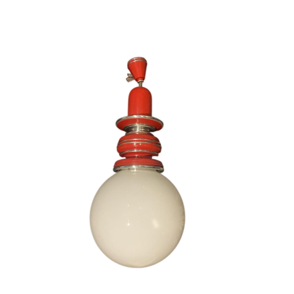 Vintage hanglamp, rood gelakt metaal en chroom.