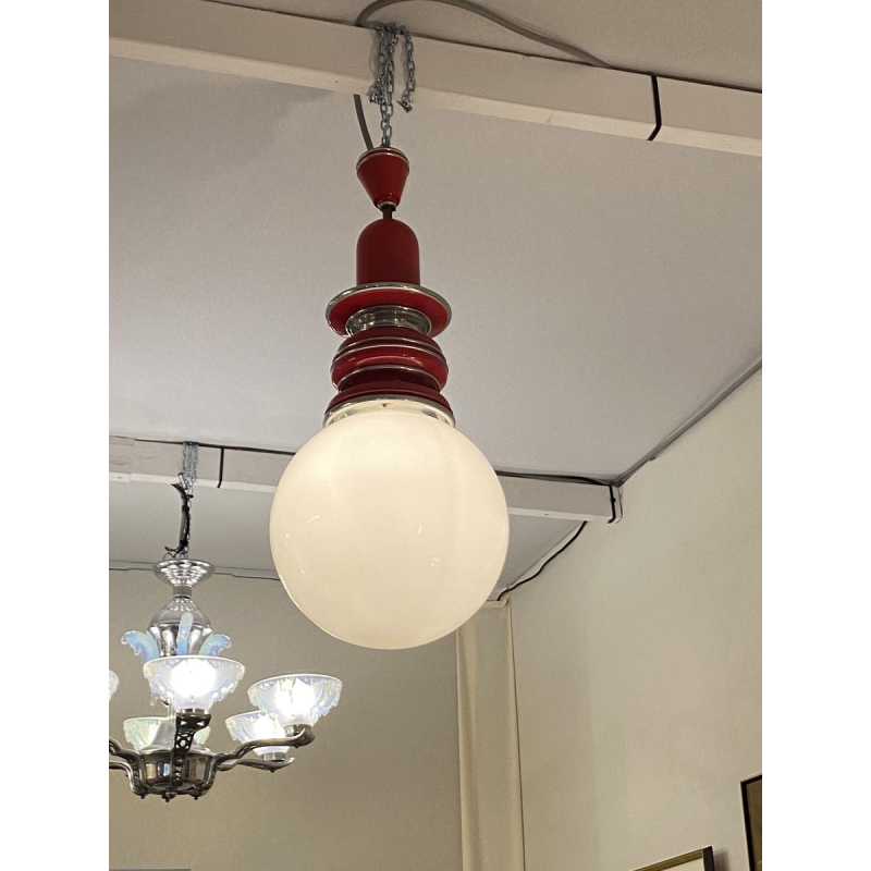 Vintage pendant light, red lacquered metal and chrome