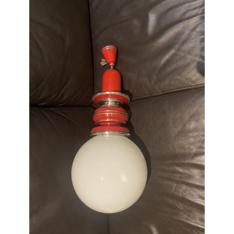 Vintage pendant light, red lacquered metal and chrome