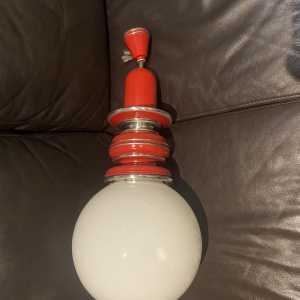 Vintage pendant light, red lacquered metal and chrome