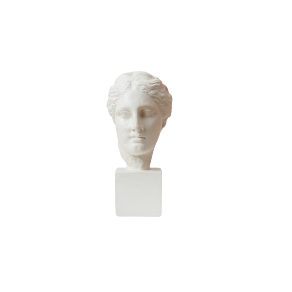 Vrouwenbuste, reproductie van het hoofd van Hygieia in gips.