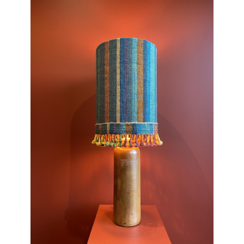 "Stoneware Bottle" lamp with a blue and multicoloured lampshade, handwoven in India