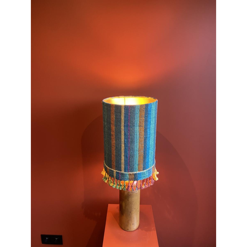 "Stoneware Bottle" lamp with a blue and multicoloured lampshade, handwoven in India