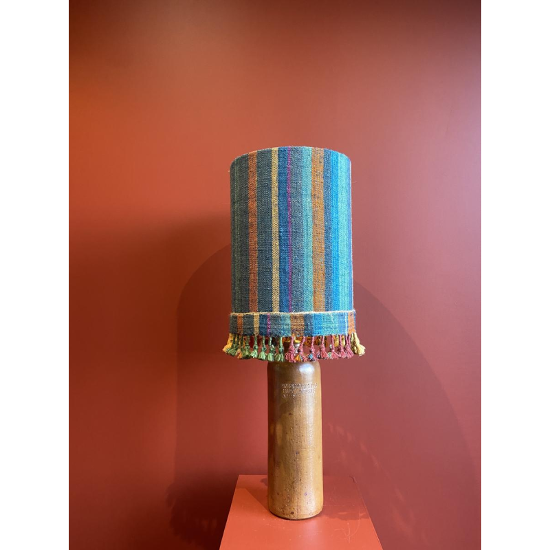 Lampe "Bouteille en grès" abat-jour bleu multicolore en tissé à la main d'Inde