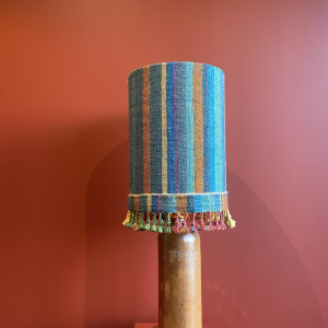 "Stoneware Bottle" lamp with a blue and multicoloured lampshade, handwoven in India