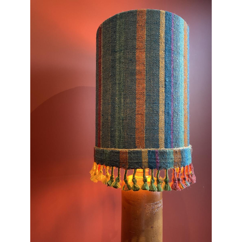 "Stoneware Bottle" lamp with a blue and multicoloured lampshade, handwoven in India