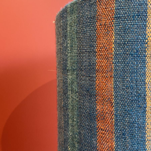 "Stoneware Bottle" lamp with a blue and multicoloured lampshade, handwoven in India