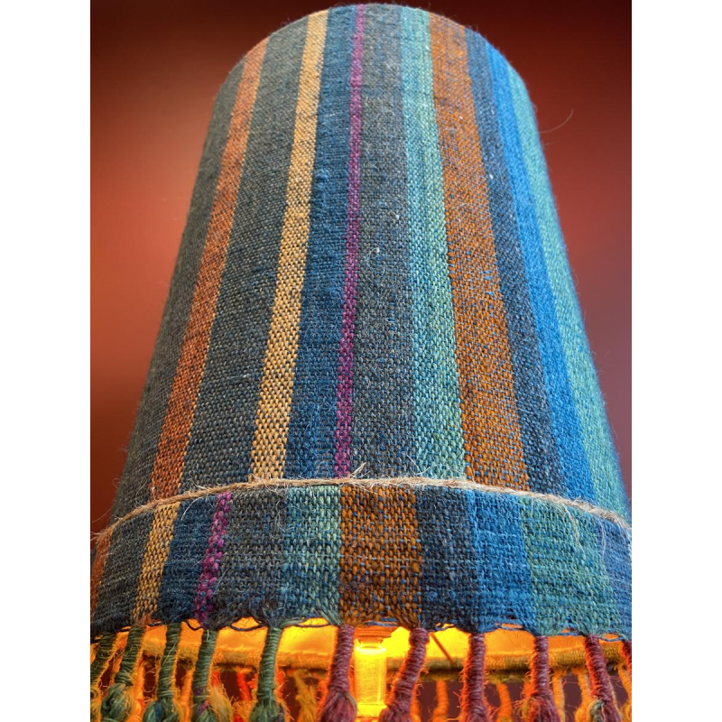 "Stoneware Bottle" lamp with a blue and multicoloured lampshade, handwoven in India