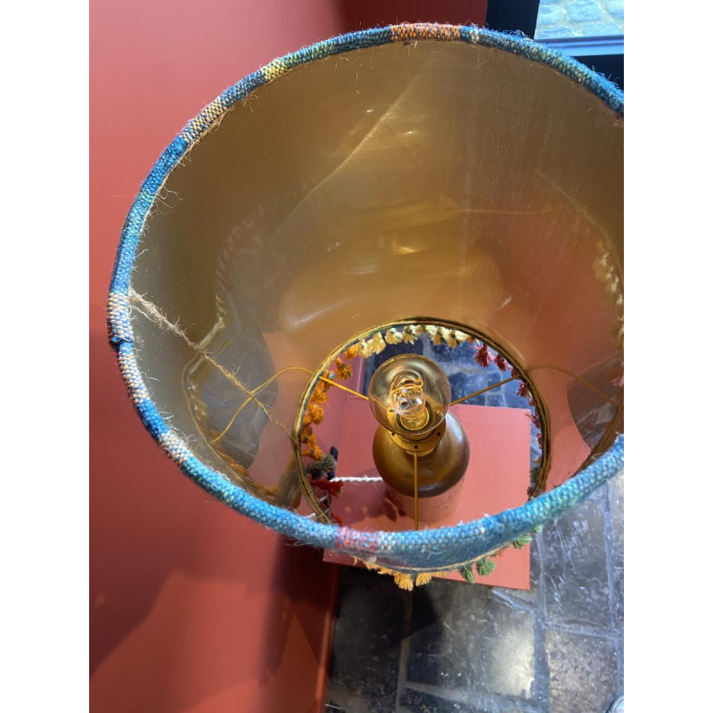 Lampe "Bouteille en grès" abat-jour bleu multicolore en tissé à la main d'Inde