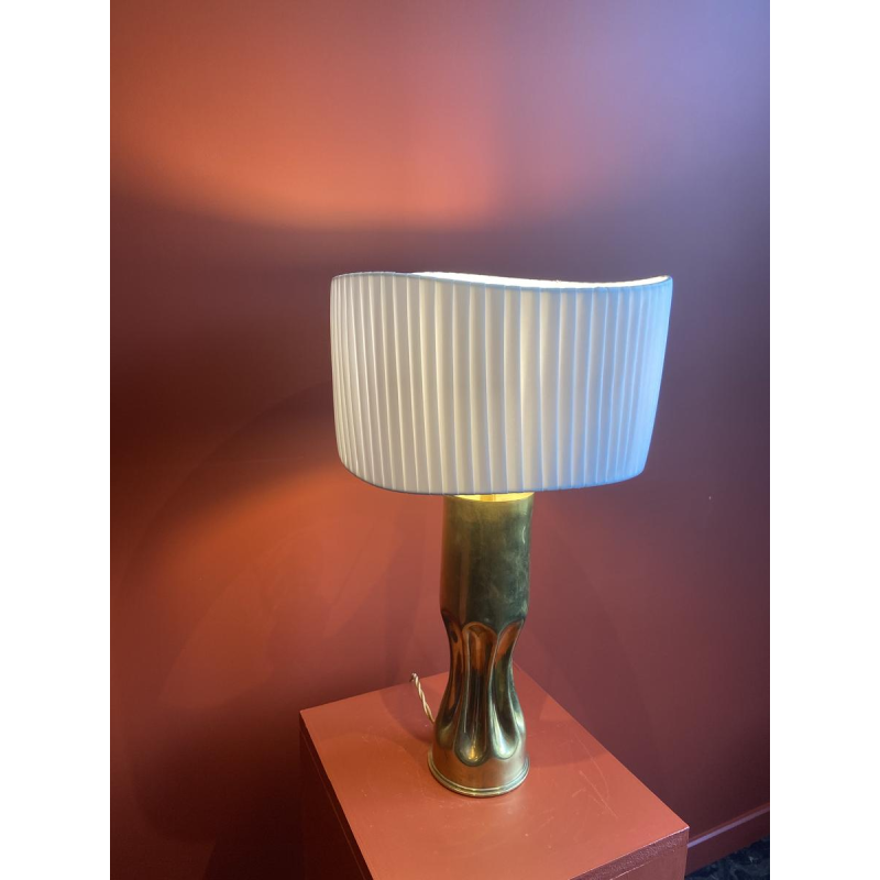 Handcrafted lamp with pleated, wavy cylindrical shade and brass shell socket