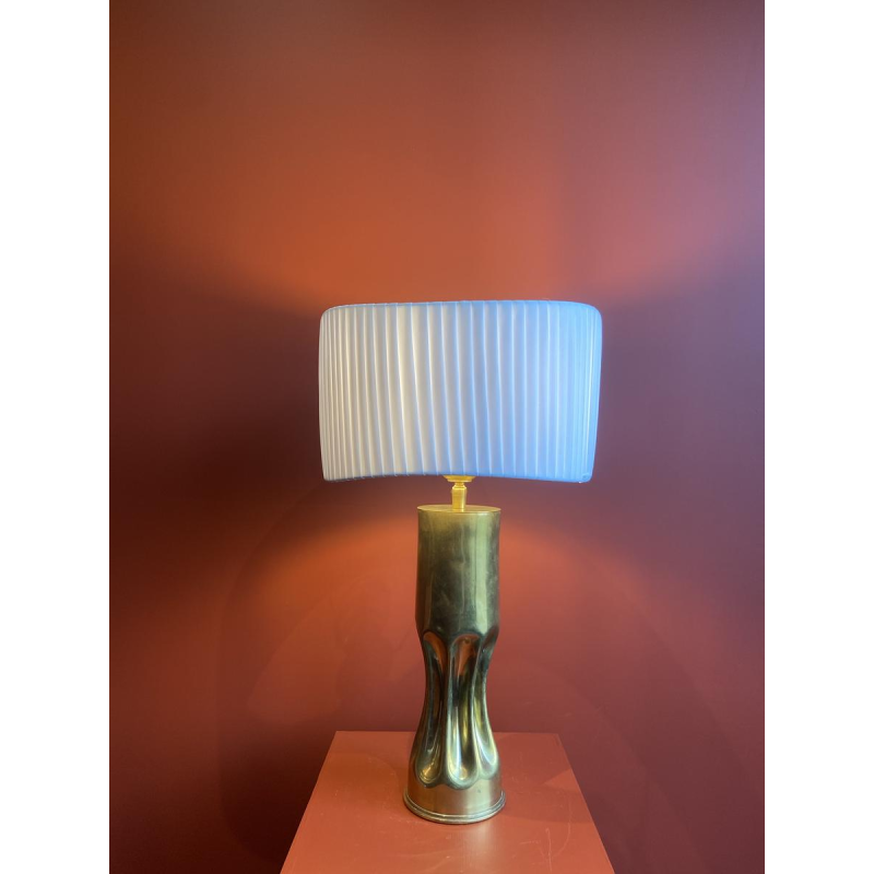 Handcrafted lamp with pleated, wavy cylindrical shade and brass shell socket
