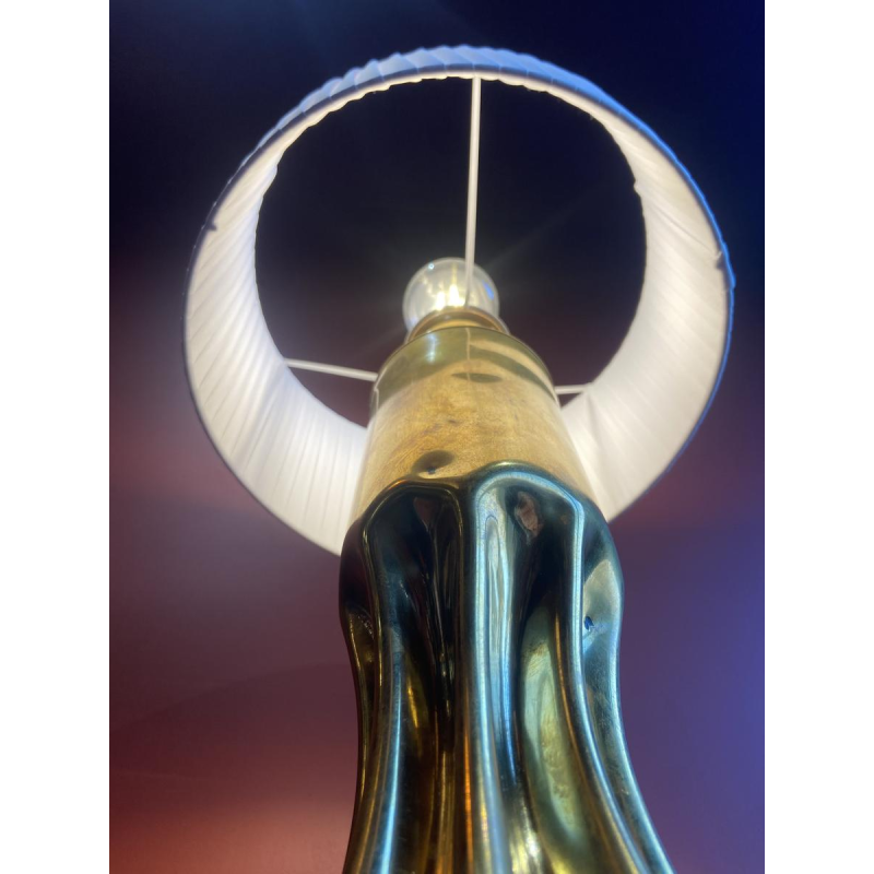 Handcrafted lamp with pleated, wavy cylindrical shade and brass shell socket