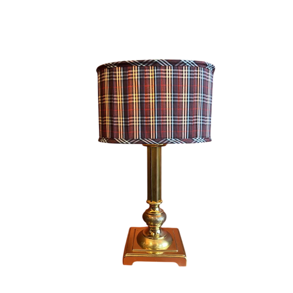 Gold-plated brass lamp base, oval lampshade in burgundy checkered silk
