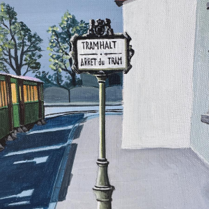 Henri DETHIER «L’arrêt du tram» tableau huile sur toile