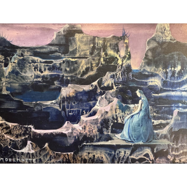 Marcel DELMOTTE “Fantastic Landscape” oil on panel, surrealist painting
