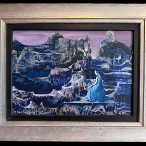 Marcel Delmotte “Fantastisch Landschap”, olieverf op paneel, surrealistisch schilderij