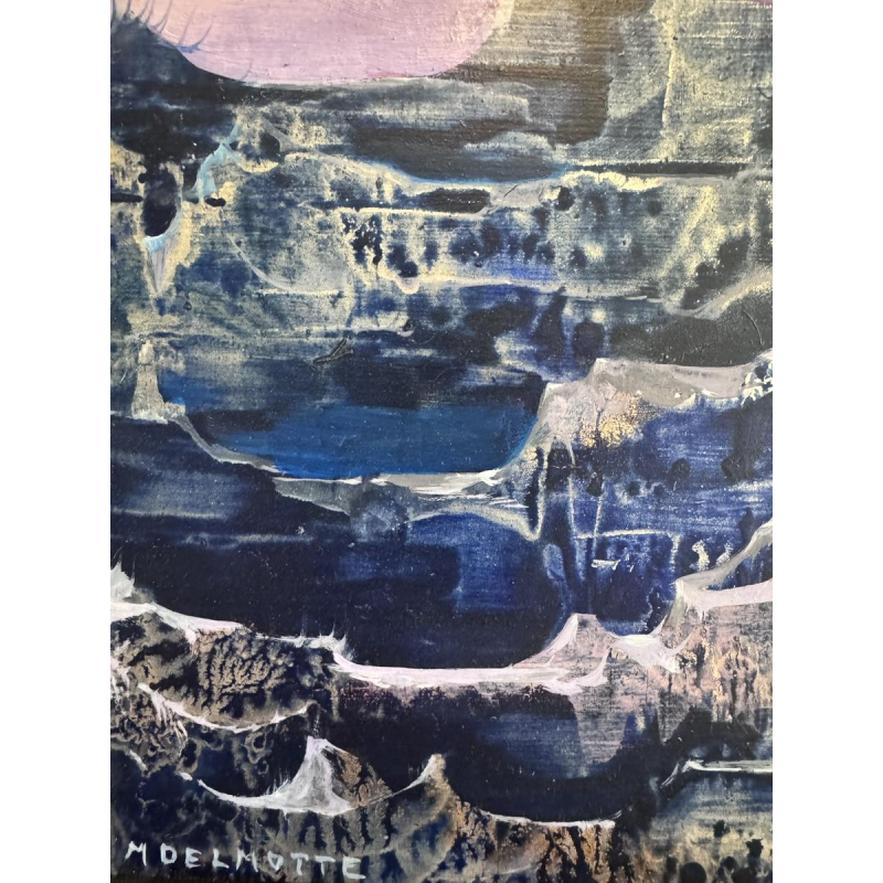 Marcel DELMOTTE «Paysage fantastique» huile sur panneau, tableau surréaliste