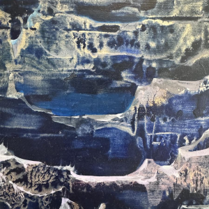 Marcel Delmotte “Fantastisch Landschap”, olieverf op paneel, surrealistisch schilderij