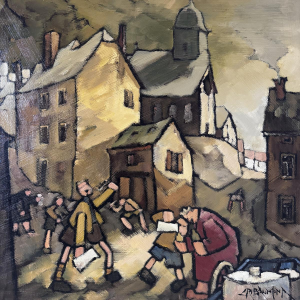 Gérard GRIBAUMONT «Enfants jouant dans la rue à RUETTE (Gaume)» huile sur toile