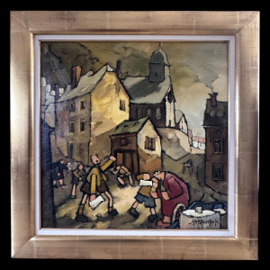 Gérard GRIBAUMONT «Enfants jouant dans la rue à RUETTE (Gaume)» huile sur toile