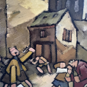 Gérard Gribaumont “Kinderen spelen op straat in Ruette (Gaume)” olieverf op doek