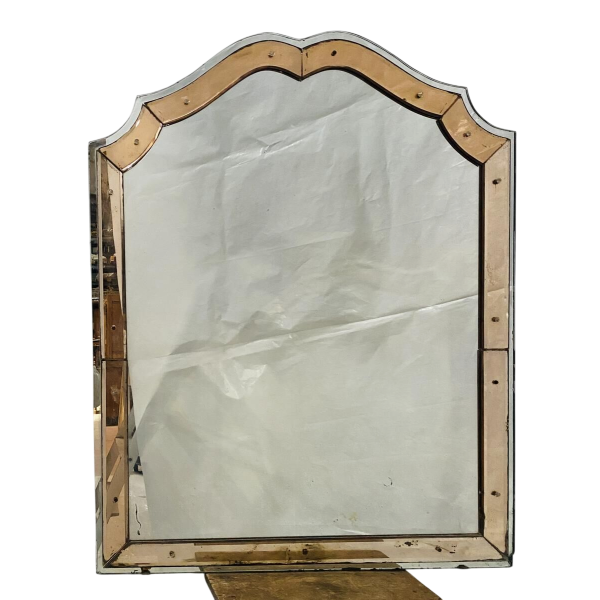 Mirror with tinted glass frame, glass finial decoration, ca. 1950