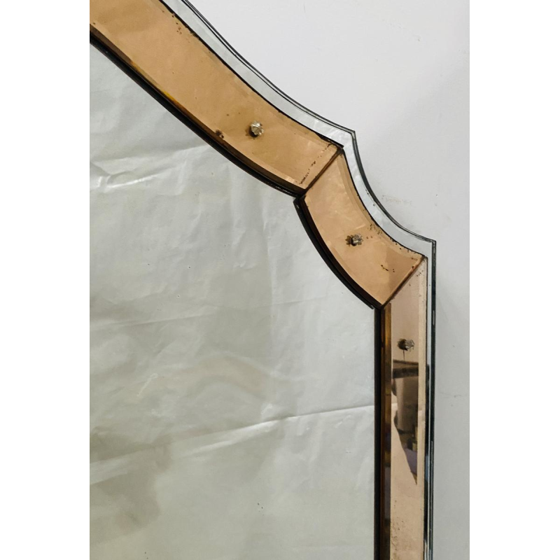 Mirror with tinted glass frame, glass finial decoration, ca. 1950