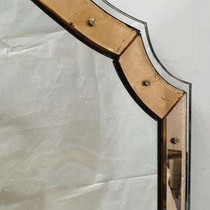 Mirror with tinted glass frame, glass finial decoration, ca. 1950