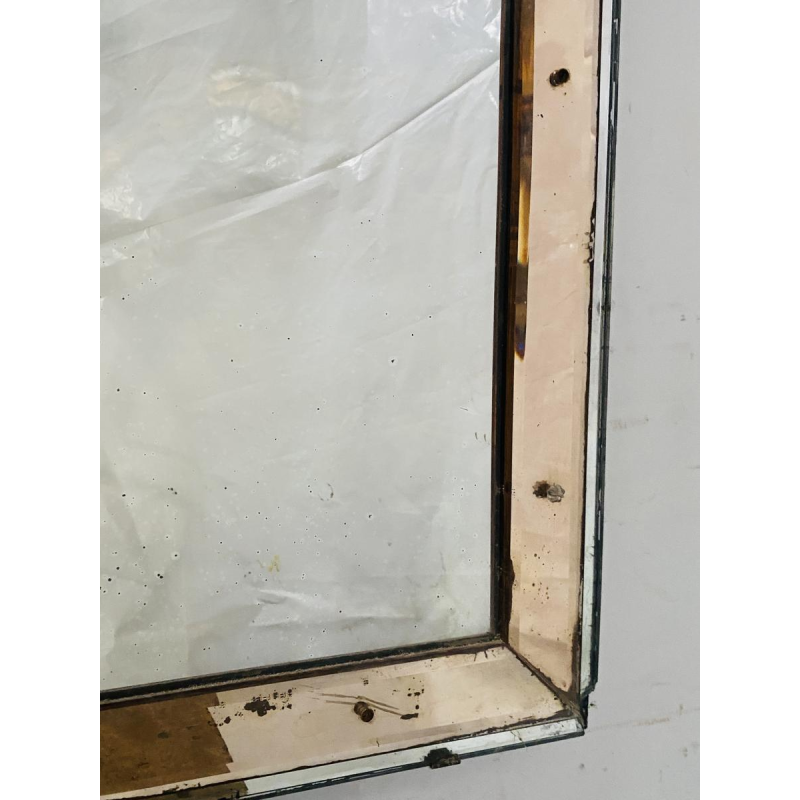 Mirror with tinted glass frame, glass finial decoration, ca. 1950