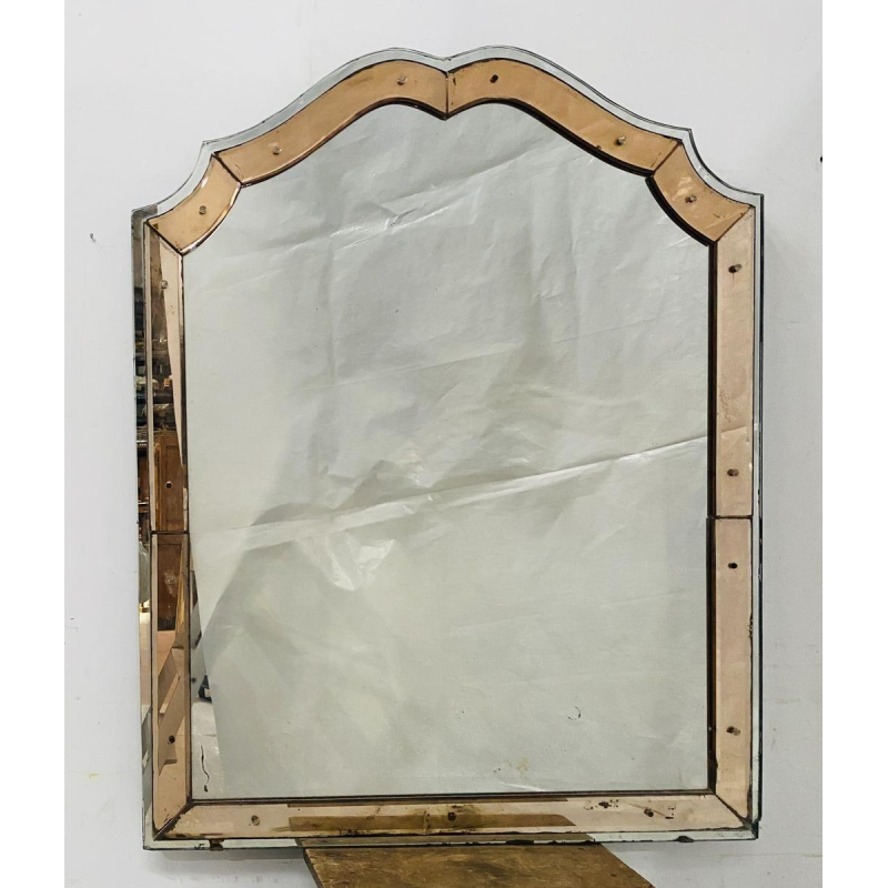 Mirror with tinted glass frame, glass finial decoration, ca. 1950