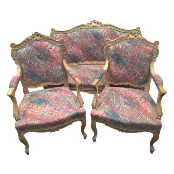 Mobilier de salon de style Louis XV, canapé et fauteuils Rocaille, XXe siècle