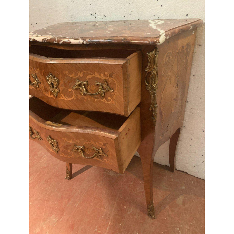 Small bombé commode in veneered wood and bronze in the Louis XV style, 20th century
