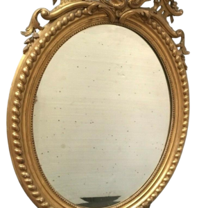 Louis XV oval mirror with pediment, wood and gilt stucco, beveled glass, Napoleon III