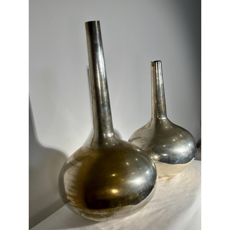 Pair of large stamped "bottle" vases - silver-plated metal - Italy, 20th century
