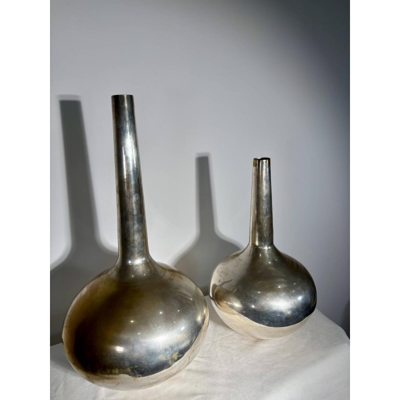 Pair of large stamped "bottle" vases - silver-plated metal - Italy, 20th century