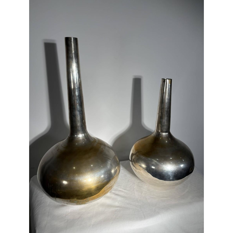 Pair of large stamped "bottle" vases - silver-plated metal - Italy, 20th century