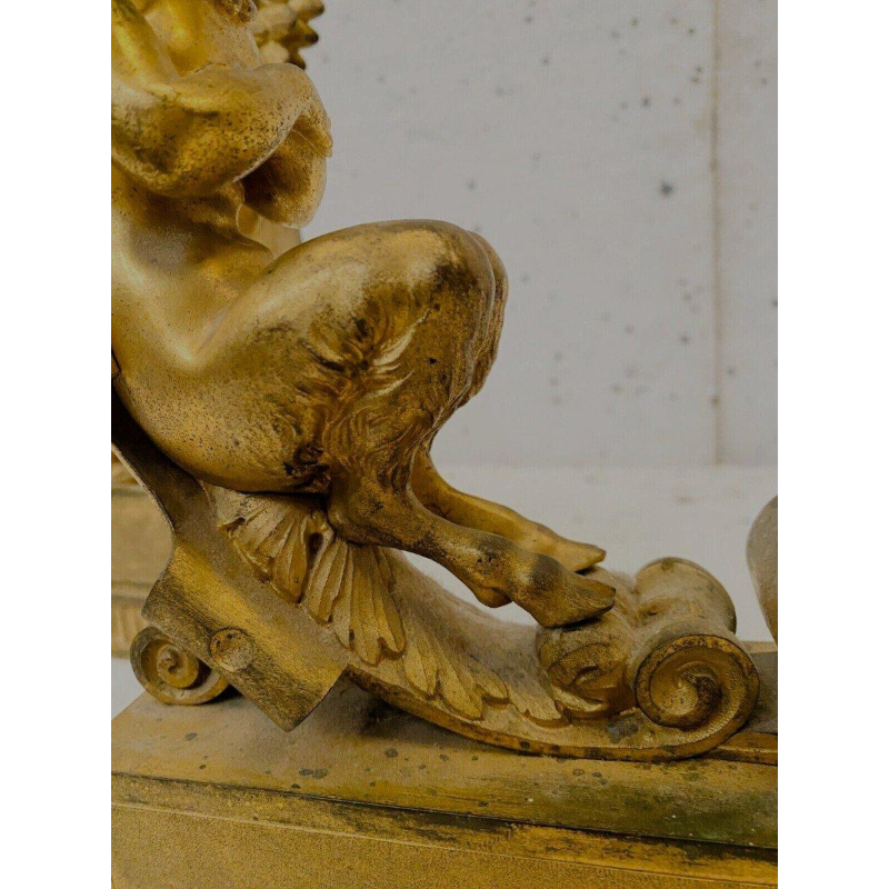 Een paar verguld bronzen haardijzers versierd met gevleugelde faunen, 19e eeuw.