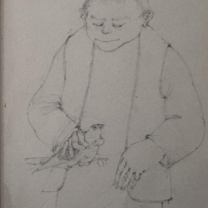 Jean-Pierre Félix, "De duivenliefhebber", tekening op papier, 20e eeuw.