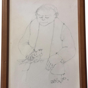 Jean-Pierre Félix, "De duivenliefhebber", tekening op papier, 20e eeuw.