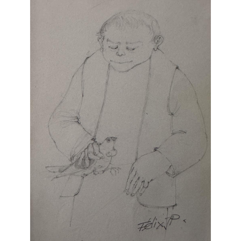 Jean-Pierre Félix, "De duivenliefhebber", tekening op papier, 20e eeuw.