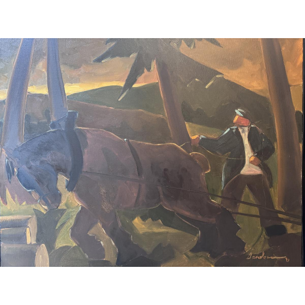 Milo DARDENNE «Le cheval de trait et son meneur au coucher du soleil» tableau huile sur toile