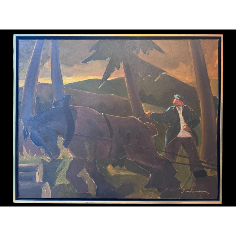 Milo Dardenne “Het trekpaard en zijn menner bij zonsondergang”, olieverfschilderij op canvas